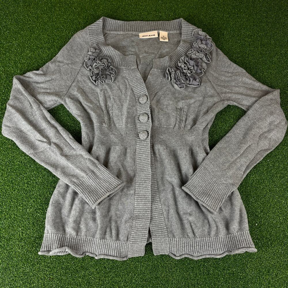 Vintage Y2K Gray Knit DKNY Flower Cinched Three Button Cardigan Sz M